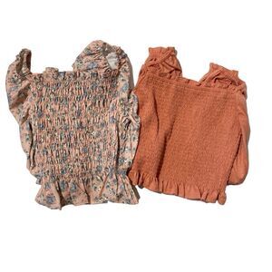BUNDLE of Two Long Sleeve Off Shoulder Cropped Ruffle Smocked Blouses Size Small